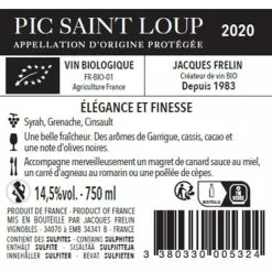 Promo ✔️ Jacques Frelin BIO, 2020 - Pic-Saint-Loup AOP - Rouge - 75 cl 🎉 -Vins Rouges Soldes 3380330005324 2