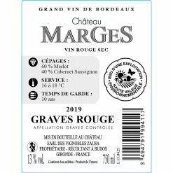 Meilleure affaire 👏 Château Margès, 2019 - Graves AOP - Rouge - 75 cl 😀 -Vins Rouges Soldes 3494791994117 2