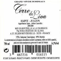Remise ⭐ Terre du Lion, 2020 - Saint-Julien AOP - Rouge - 75 cl ❤️ -Vins Rouges Soldes 3663316014115 2