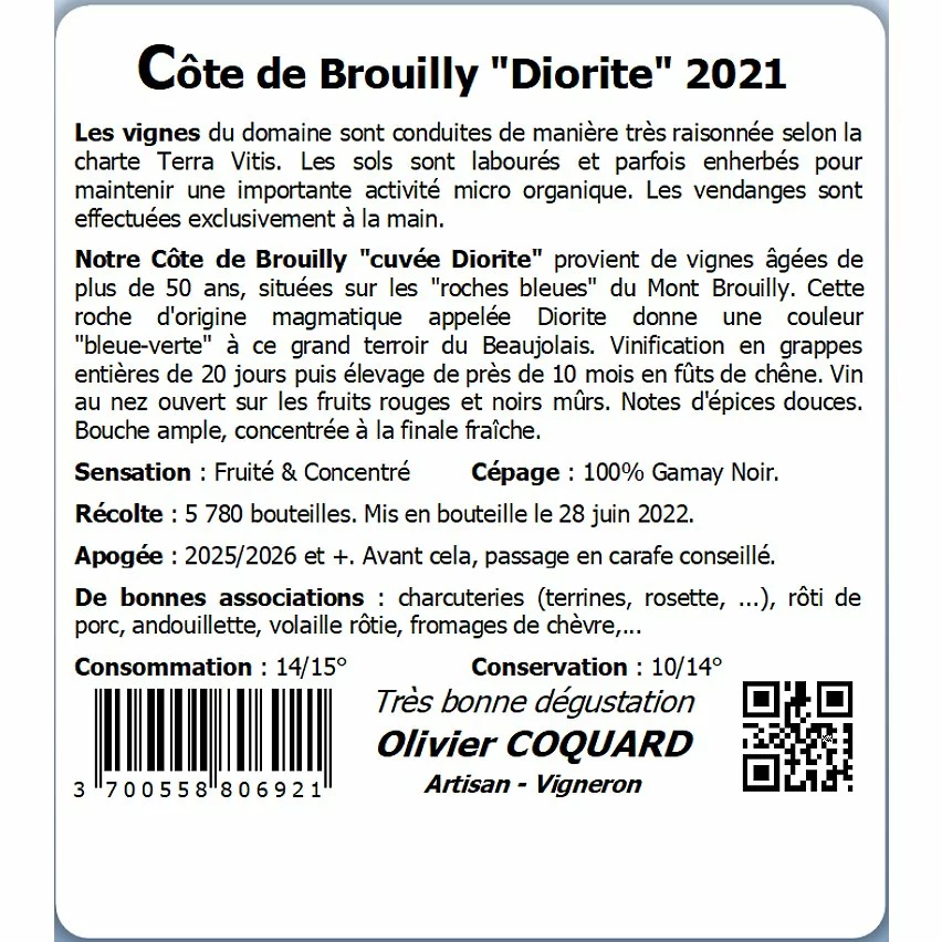 Tout neuf 🤩 Olivier Coquard Diorite, 2021 - Côte de Brouilly AOP - Rouge - 75 cl 🔔 4 Tout neuf 🤩 Olivier Coquard Diorite, 2021 - Côte de Brouilly AOP - Rouge - 75 cl 🔔 – Image 2