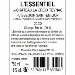 Acheter 🔔 L'Essentiel de Château La Croix Teynac Sans Sulfites Ajoutés, 2020 - Puisseguin-Saint-Emilion AOP - Rouge - 75 cl 🤩 -Vins Rouges Soldes 3760111830503 2