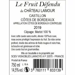 De gros ✨ Le Fruit Défendu du Château Lamour Sans Sulfites Ajoutés, 2019 - Castillon Côtes de Bordeaux AOP - Rouge - 75 cl ❤️ 6 De gros ✨ Le Fruit Défendu du Château Lamour Sans Sulfites Ajoutés, 2019 - Castillon Côtes de Bordeaux AOP - Rouge - 75 cl ❤️ -Vins Rouges Soldes 3760111833139 2