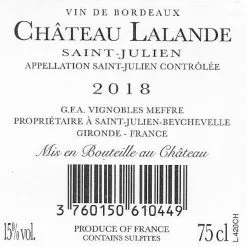 Meilleure affaire 🔔 Château Lalande , 2018 - Saint-Julien AOP - Rouge - 75 cl ⭐ -Vins Rouges Soldes 3760150610449 2