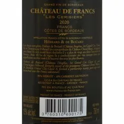 Tout neuf ✔️ Château de Francs Les Cerisiers, 2020 - Francs Côtes de Bordeaux AOP - Rouge - 75 cl ⭐ -Vins Rouges Soldes 3760310690175 2